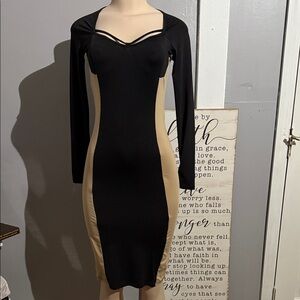 Elegant Black and Tan Long Sleeve Dress